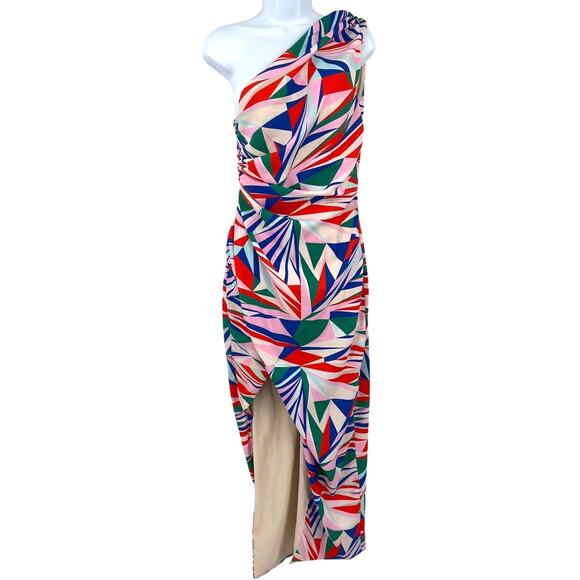 Alexia Admor One Shoulder Maxi Dress 4 Bold Geo Art Deco Ruched Cocktail Y2K - Picture 1 of 11